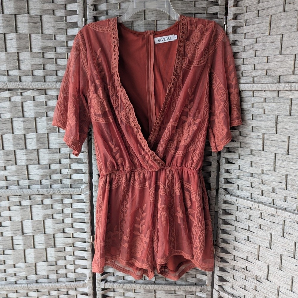 Floral Embroidered Mesh Romper Rust Mauve Eyelet Womens L Lined Boho Festival